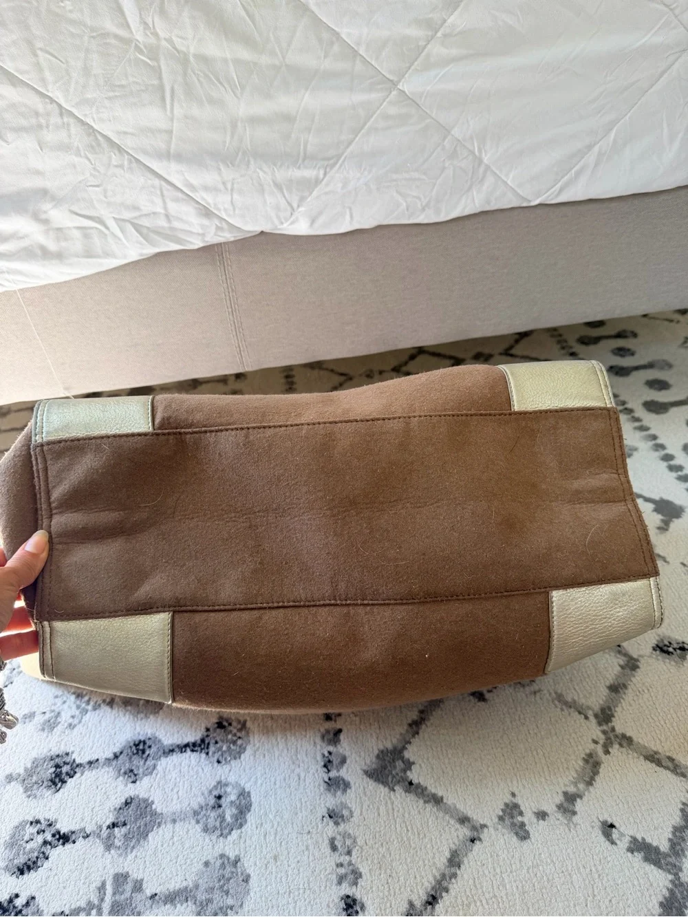 TORY BURCH Ella Brown Wool & Gold Canvas Tote Bag